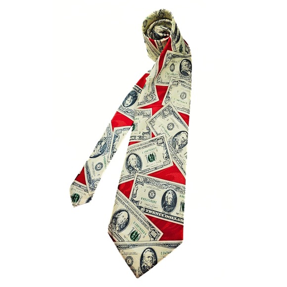 Y2K Handmade Money Men's Necktie Red White Currency Print Fun Fashion by Dimoda - Picture 1 of 5